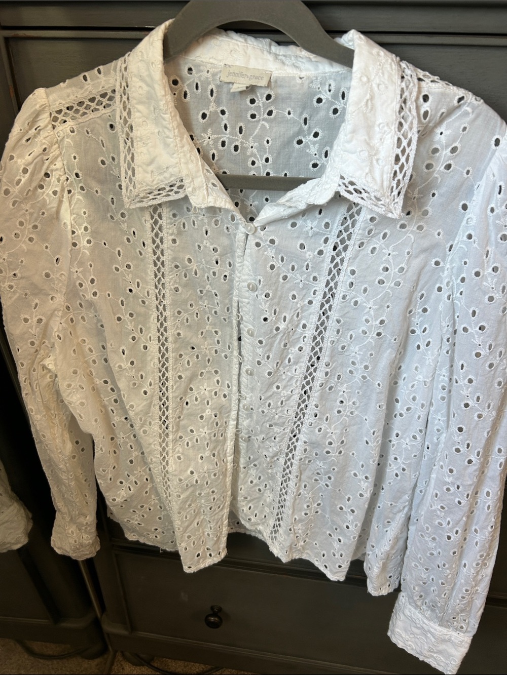 White Eyelet Button-Down Blouse with Lace Trim
